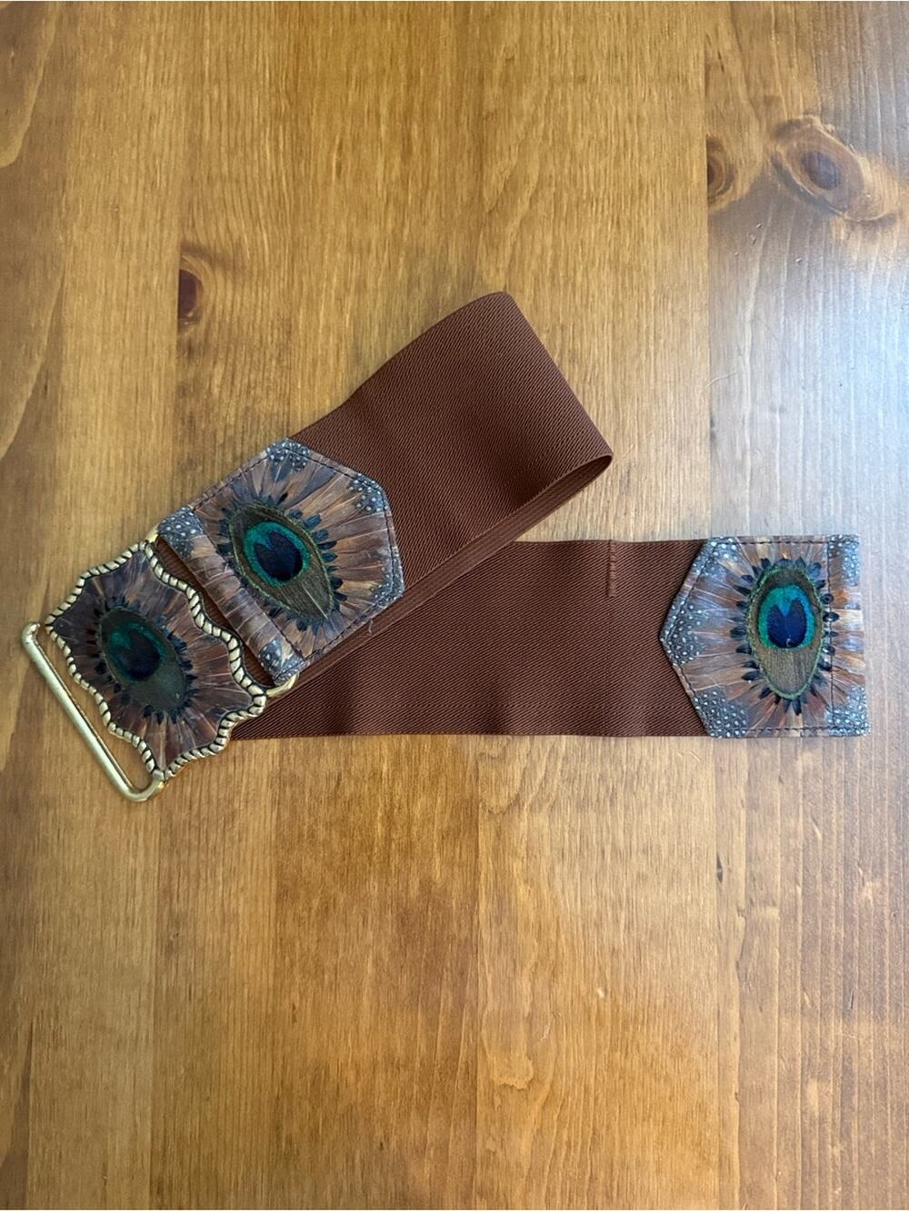 Genuine Peacock Feather Leather Wide Stretch Belt Statement Buckle Boho